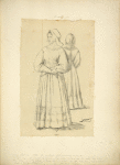 Woman in bonnet and long dress with full sleeves, with back view shown in mirror, 1300