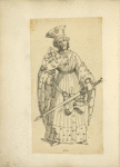 Man with heraldic shield, sword, and purse hanging from belt, wearing fur-trimmed coat and fur hat