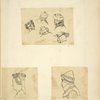 Heads in hats: Five men in various styles; Woman in circlet with train; Man in armored head piece