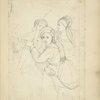 Three women in hats with trains viewed half length, a fourth figure partially sketched