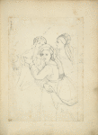 Three women in hats with trains viewed half length, a fourth figure partially sketched