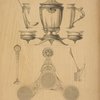 Mustard pot, pepper castor, and salt cellar. The bottles are in white crystal glass, the frames &c. in mat and colored gold.