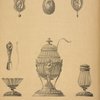 Gold brooches. Salt cellar with spoon, mustard pot and pepper castor for execution in glass with silver mounts.