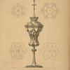 Cup in old German style. Cup and lid in crystal glass; foot and lid mount in gilt silver, ornamented with pearls, coral, amethysts and emeralds.