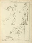 Three male figures, one striding and one kneeling