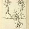 Four male figures: two bearing large books on their shoulders and the other two wrestling