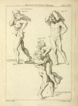 Four male figures: two bearing large books on their shoulders and the other two wrestling