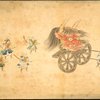 A procession featuring men with swords a two men pulling a two-wheeled cart carrying the head of a demon