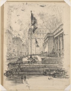 Fourth of July parade passing New York Public Library off Fifth Avenue.