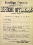 Affiche. -- Dépêche placardée à Lyon, et annonçant l'atterrissage du ballon-poste piloté par Gaston Tissandier.