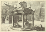 Double pulley well in plaza with fountain in background
