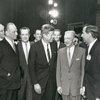 Hugh Franklin, Melvyn Douglas, Frank Lovejoy, Karl Weber, President John F. Kennedy, unidentified man, Lee Tracy, Kathleen Maguire, Gore Vidal and unidentified woman after performance of Vidal's The Best Man