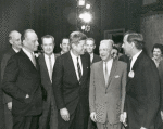 Hugh Franklin, Melvyn Douglas, Frank Lovejoy, Karl Weber, President John F. Kennedy, unidentified man, Lee Tracy, Kathleen Maguire, Gore Vidal and unidentified woman after performance of Vidal's The Best Man