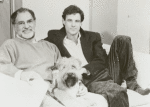 Playwright Larry Kramer, his dog, Molly and Brad Davis in publicity still for "The Normal Heart"