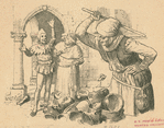 Eulenspiegel causing the potter's wife to break her wares in the marketplace of Bremen