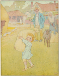 Little boy carrying bag of wool.