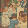 Miss Muffet in the shop doth stand with six bright pennies in her hand.