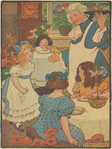 Miss Muffet in the shop doth stand with six bright pennies in her hand.