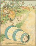 Pig rolls down the hill in a barrel.