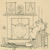 Pig sits by the fire on the wolf rug.