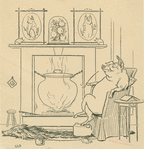 Pig sits by the fire on the wolf rug.