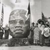 Fernando Gamboa and Charles Poletti at arrival of the Olmec head to the Mexican Pavilion