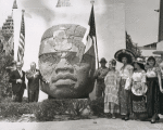 Fernando Gamboa and Charles Poletti at arrival of the Olmec head to the Mexican Pavilion