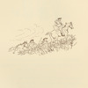 Three jovial huntsmen ride up a hill.