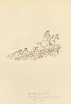 Three jovial huntsmen ride up a hill.