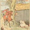 Three jovial huntsmen stop for a pig.]
