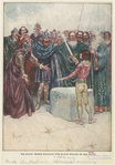 "He stood there holding the magic sword in his hand."