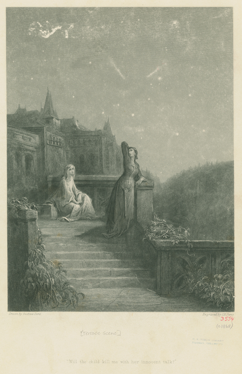 An 1868 illustration of two women by a set of castle stairs, entitled Terrace Scene