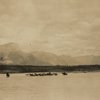 Group of travelers on horseback fording river