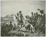 Napoleon on horseback, viewing through a monocular admidst a battle 