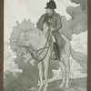 Napoleon on horse with curly mane, standing on promontory admidst clouds or smoke