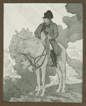 Napoleon on horse with curly mane, standing on promontory admidst clouds or smoke