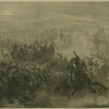 Figure in center on horseback with one arm raised leads calvary into battle or military maneuver 