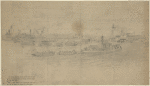A river scene with gunboats, steamboats, one named the Patuxent, a paddlewheeler