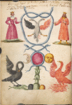Birds, snakes, and two figures with text