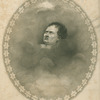 Bust of Napoleon[?] admist clouds in oval frame surrounded by stars which contain the names of his battles or major military events