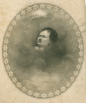 Bust of Napoleon[?] admist clouds in oval frame surrounded by stars which contain the names of his battles or major military events