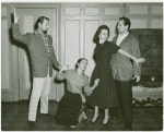 Zachary Scott (The King), Christine Mathews (Tuptim), Jan Clayton (Anna Leonowens) and Leonard Graves (The Kralahome) in rehearsal for the 1956 revival of The King and I