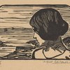Woman's head; seashore in background