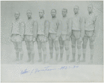 New York Renaissance Hall of Fame team, 1933-34, from left to right: "Fats" Jenkins, "Bill" Yancey, Johnnie Holt, "Pappy" Ricks, Eyre Saitch, Tarzan Cooper, and Willie Smith.