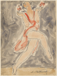 Isadora Duncan (prancing left to right, light red tunic)