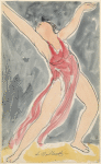 Isadora Duncan (enface, legs apart lunging, arms thrown above, deep alizarin pink tunic)