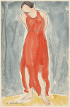 Isadora Duncan (enface, arms behind, head down, red orange tunic)