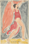 Isadora Duncan (prancing left to right, holding salmon color cloth, wearing dark pink tunic)