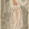 Isadora Duncan (standing center, facing slightly right, arms bent 90, pink-orange tunic)