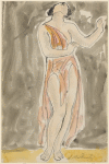 Isadora Duncan (standing center, facing slightly right, arms bent 90, pink-orange tunic)